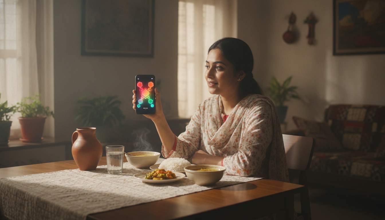 C880 reload promotion details Bangladeshi woman reviewing a reload reward at home