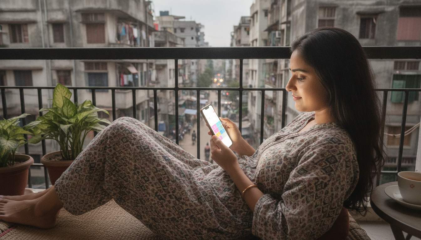 C880 weekly member specials Bangladeshi woman viewing weekly special offers on a mobile device
